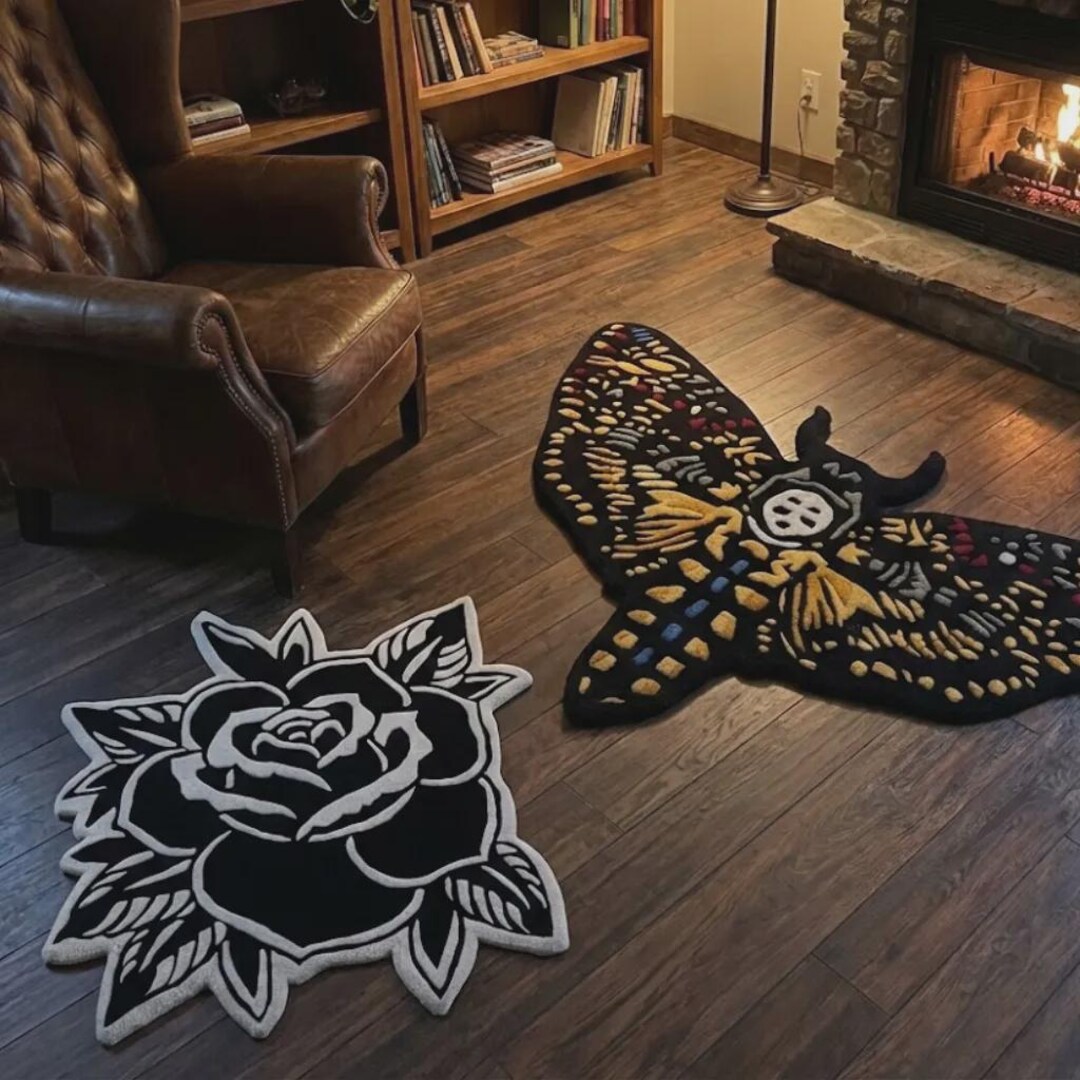 Moth Pattern Rug Hawk Moth Tattoo Rug, Blackwork Rug, Moth Area Rug, Traditional Tattoo ...