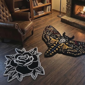 Hawk Moth Tattoo Rug, blackwork Rug, Moth Area Rug, Traditional tattoo Rug, Handmade Statement Carpet, Gothic Decor Rug, Living Room Rug