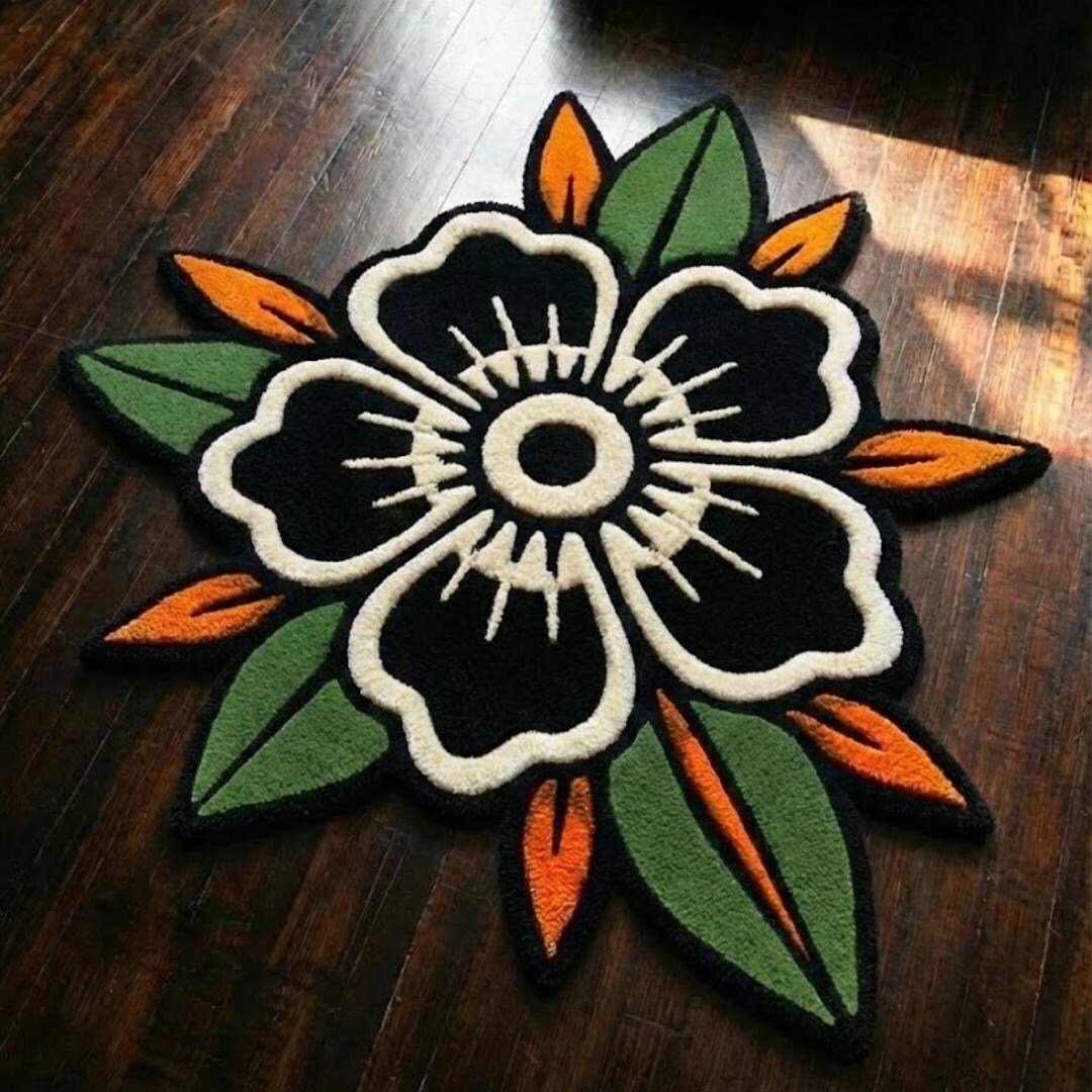 Tatto Rug Black Rose Tattoo Rug, Hand Tufted Wool Rug, Traditional Tattoo Rug ...