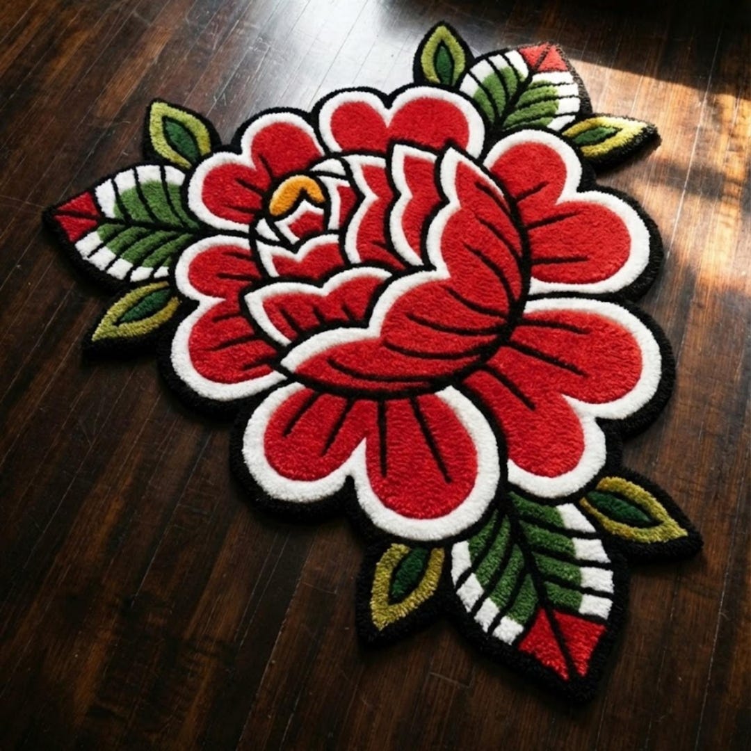 Rose Tattoo Rug – Hand Tufted Wool Floral Rug, Traditional Tattoo Rug ...