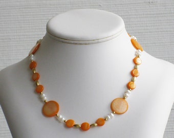 Orange Mother of Pearl and Freshwater Pearl Choker