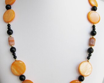 Orange Mother of Pearl, Black Onyx and Glass Bead Necklace