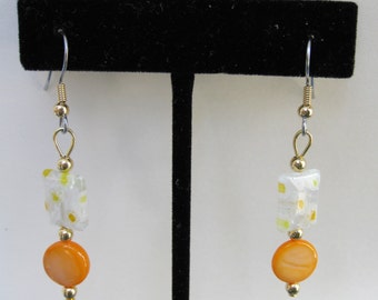 Orange Mother of Pearl and Millefiori Drop Earrings