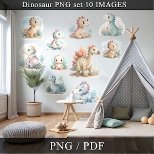 Może przedstawiać: Zestaw 10 drukowanych ilustracji dinozaurów w stylu akwarelowym. Ilustracje przedstawiają różne rodzaje dinozaurów, w tym triceratopsa, stegozaura i brachiozaura. Ilustracje idealnie nadają się do dodania odrobiny fantazji do każdego pokoju.