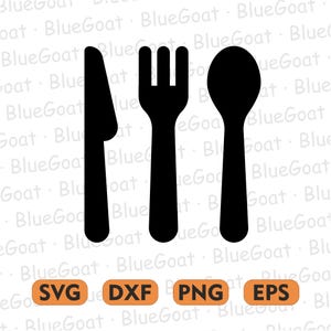 May include: Black silhouette of a knife, fork, and spoon, a classic cutlery set. Below, the image includes the text "SVG", "DXF", "PNG", and "EPS" in orange boxes, indicating file formats.
