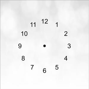 May include: A minimalist clock face design with black numerals from 1 to 12 arranged in a circle. A black dot marks the center. The numbers are evenly spaced on a white background.