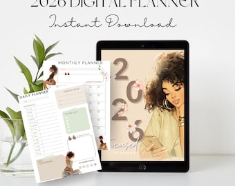 Inserti per planner digitale Black Women 2026, bundle di planner digitali, inserti per planner iPad, planner giornaliero, settimanale, mensile, planner personalizzabile