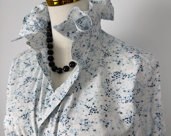 Upcycled Reworked Ruffled Collar Shirt White-Blue Floral Size XS Cotton