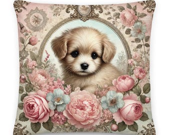 Dekoratives Kissen im Shabby-Chic-Vintage-Rosa mit Blumen, Spitze und Hündchen – Hochwertiger Digitaldruck