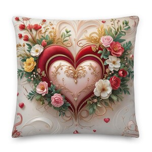 Puede incluir: Un corazón rojo con adornos dorados rodeado de flores rosas, blancas y amarillas. El corazón está sobre un fondo blanco con un patrón floral.