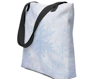 Tote Bag Copos de Nieve – Diseño Invernal Azul y Blanco Elegante