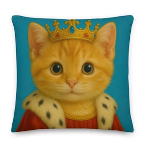 Queen Cat Throw Pillow, Luxury Decorative Cushion, Cat Lover Gift, Vintage Pet Portrait, Classic Style Decor.