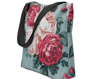 シャビーシックなスタイルのトートバッグ、ヴィンテージローズ柄の生地のハンドバッグ、リージェンシースタイル、エレガントな花柄のハンドバッグ。