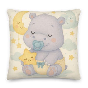 Baby Hippo Decorative Pillow with Pacifier | Holding a Star with Moon, Clouds & Stars | Perfect for Nursery or Baby Shower Gift