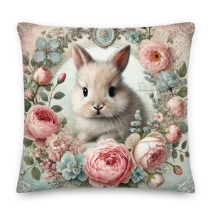 Shabby Chic Vintage Decorative Pillow with High-Quality Digital Print | Baby Bunny with Floral Frame | Romantic Retro Pastel Cushion