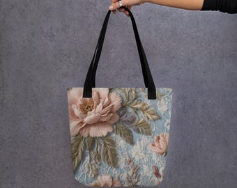 ロマンチックなシャビーシック風バッグ – ライトブルーのヴィンテージローズ柄