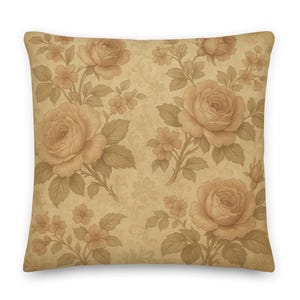 Shabby Chic Rose Pillow – Vintage Beige & Green Floral Elegance