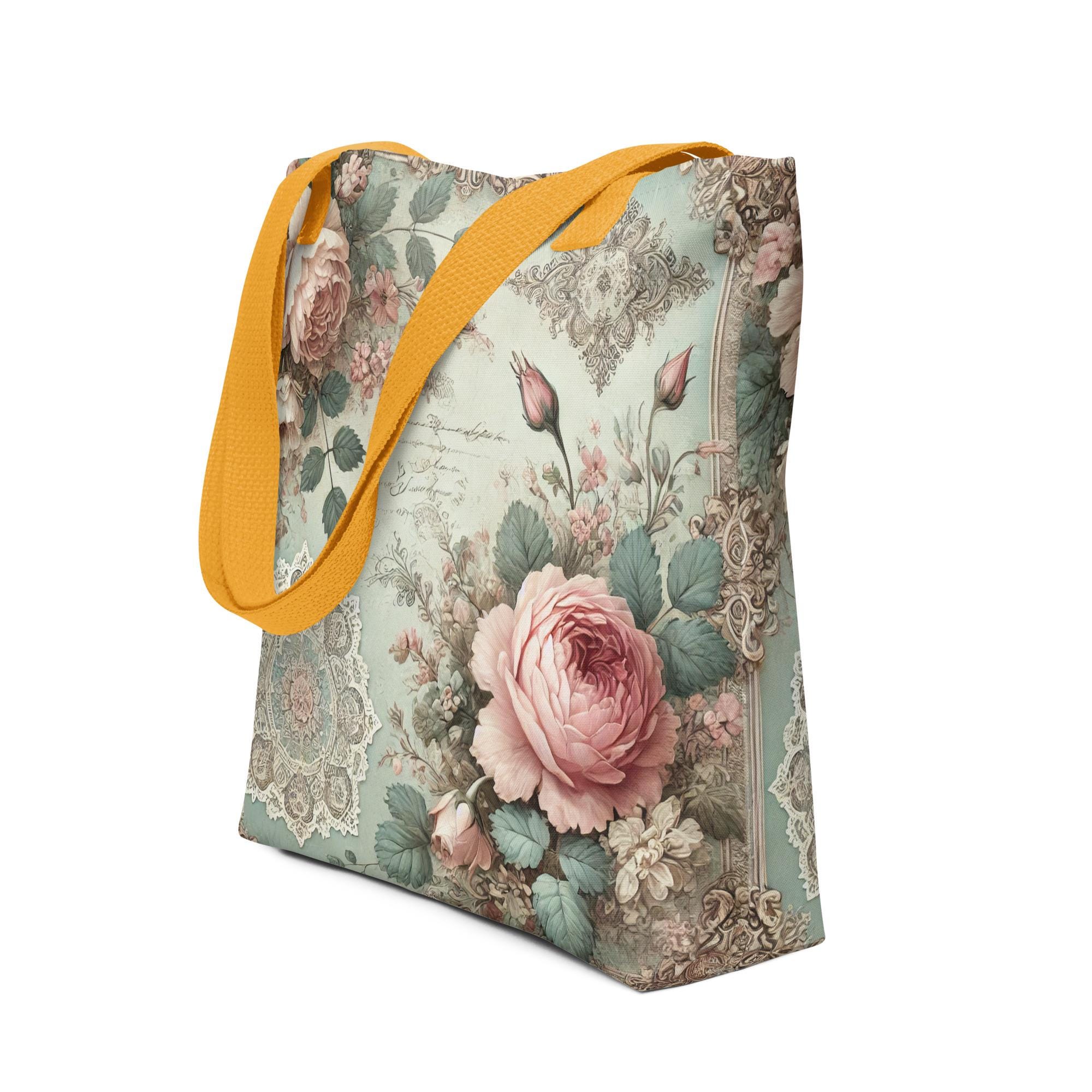 エレガントな花柄トートバッグ – バラとヴィンテージレースをあしらっ