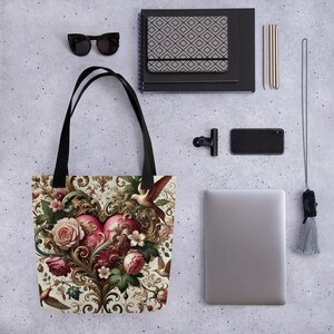 Tote Bag Romántico, Bolso de Corazón Floral, Bolso de Tela de Lujo, Estilo Barroco Vintage, Regalo para Ella, Bolso de San Valentín.