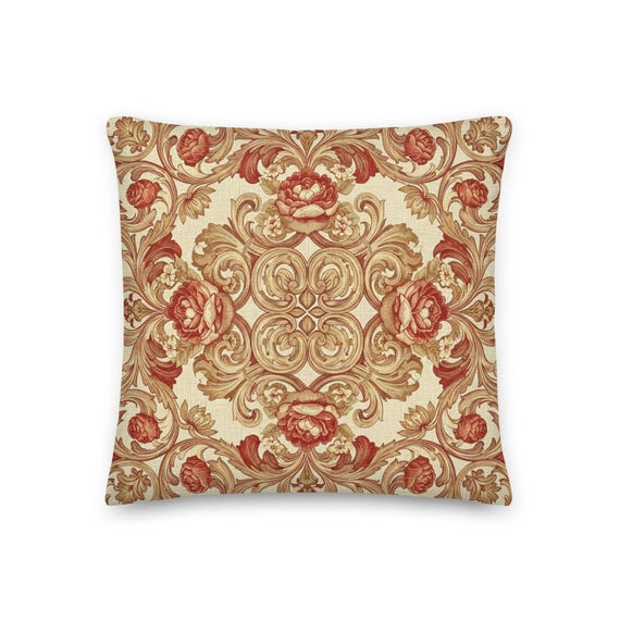 Baroque Floral Decorative Pillow with Red Flowers & Golden Scrolls | Elegant Rococo Style – Perfect for Mother's Day or Housewarming Gift
