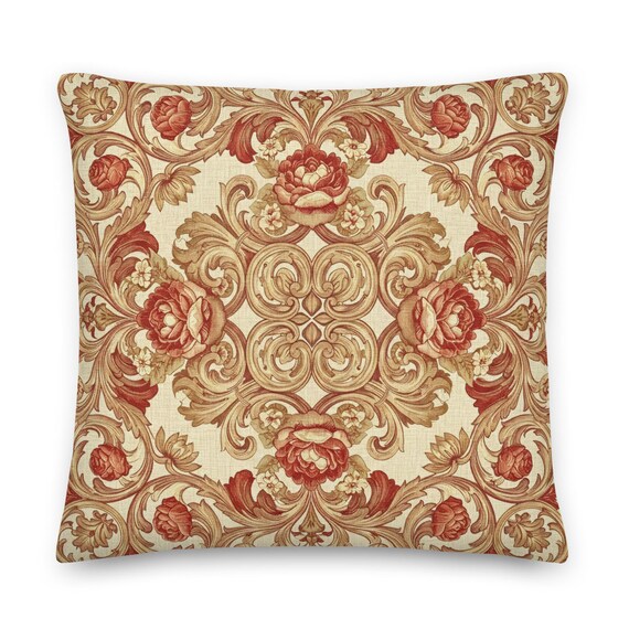 Baroque Floral Decorative Pillow with Red Flowers & Golden Scrolls | Elegant Rococo Style – Perfect for Mother's Day or Housewarming Gift