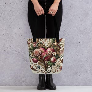 Tote Bag Romántico, Bolso de Corazón Floral, Bolso de Tela de Lujo, Estilo Barroco Vintage, Regalo para Ella, Bolso de San Valentín.