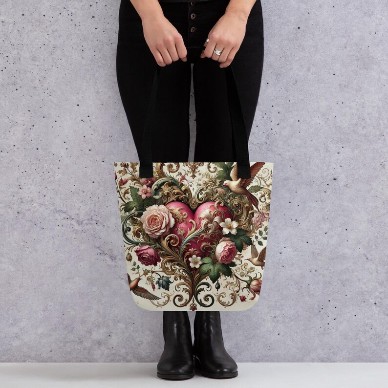 Tote Bag Romántico, Bolso de Corazón Floral, Bolso de Tela de Lujo, Estilo Barroco Vintage, Regalo para Ella, Bolso de San Valentín.