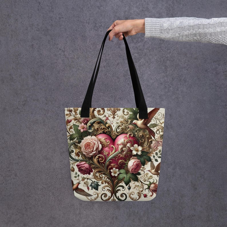Tote Bag Romántico, Bolso de Corazón Floral, Bolso de Tela de Lujo, Estilo Barroco Vintage, Regalo para Ella, Bolso de San Valentín.