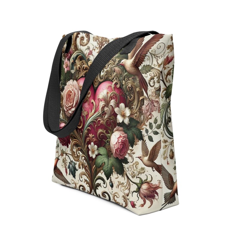 Tote Bag Romántico, Bolso de Corazón Floral, Bolso de Tela de Lujo, Estilo Barroco Vintage, Regalo para Ella, Bolso de San Valentín.