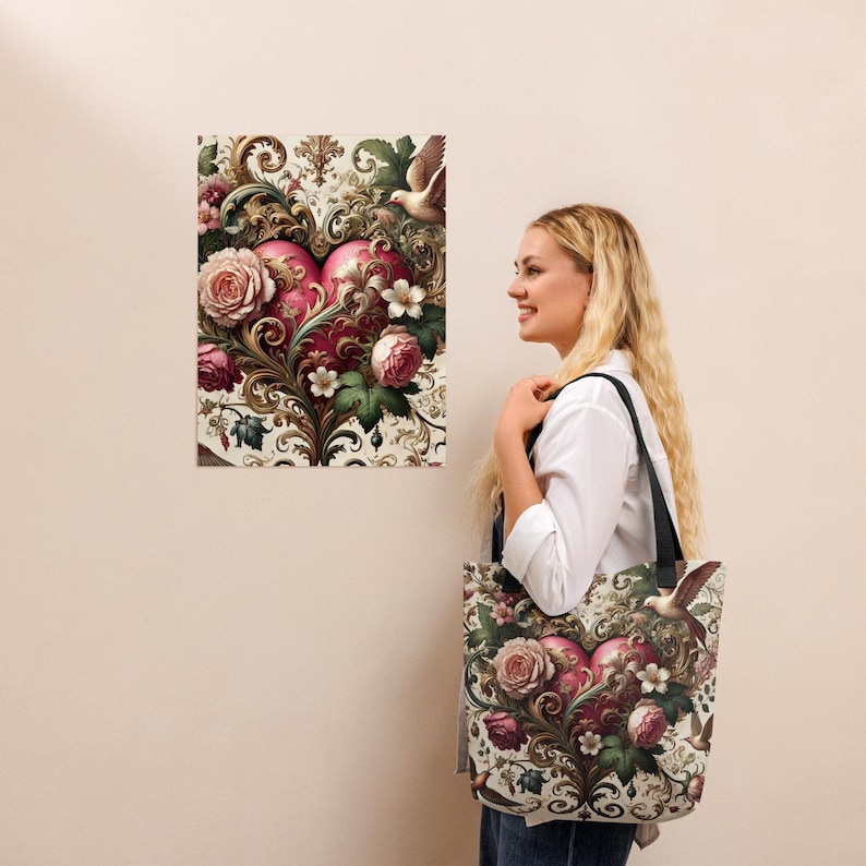 Tote Bag Romántico, Bolso de Corazón Floral, Bolso de Tela de Lujo, Estilo Barroco Vintage, Regalo para Ella, Bolso de San Valentín.