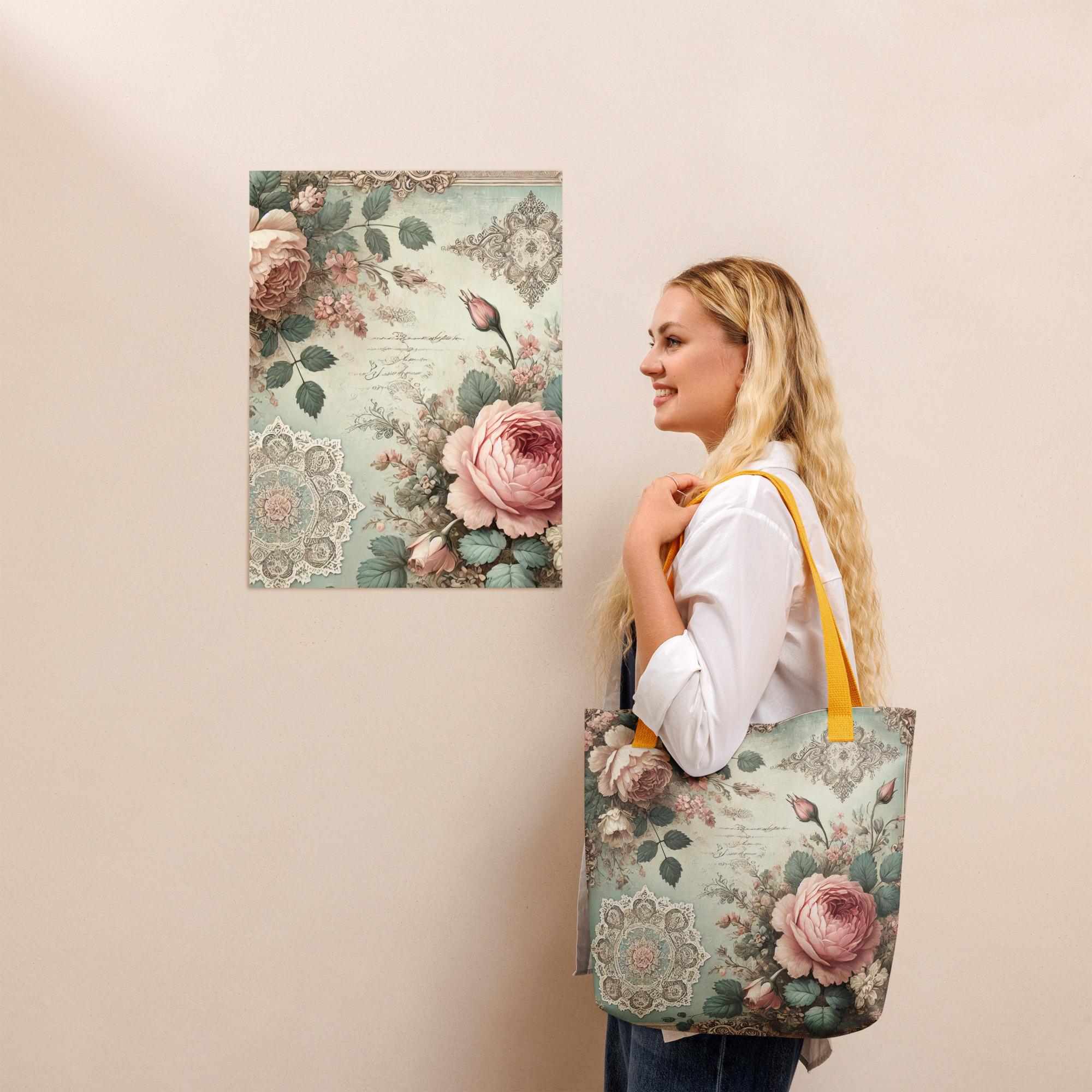 エレガントな花柄トートバッグ – バラとヴィンテージレースをあしらっ