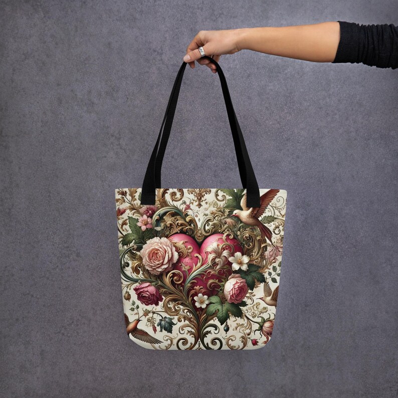 Tote Bag Romántico, Bolso de Corazón Floral, Bolso de Tela de Lujo, Estilo Barroco Vintage, Regalo para Ella, Bolso de San Valentín.