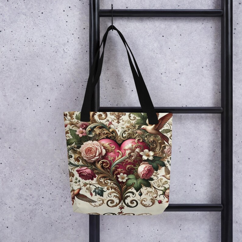 Tote Bag Romántico, Bolso de Corazón Floral, Bolso de Tela de Lujo, Estilo Barroco Vintage, Regalo para Ella, Bolso de San Valentín.