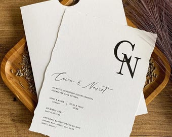 Custom White Wedding Invitation Set: Black Print, Zenit Texture, Special Cut