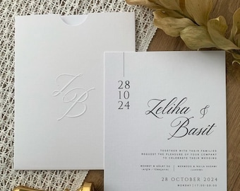 Custom Wedding Invitation Set: Embossed White Envelope, Black Print