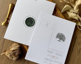 Custom Embossed Wedding Invitation: Handmade Seal, Elegant White Design