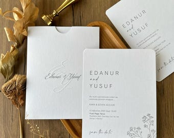 Custom Wedding Invitation Set: Embossed White Envelope, Oval Edge