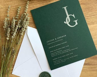 Silver Foil Print Wedding Invitation: Green Minimalist Card, Handmade Seal
