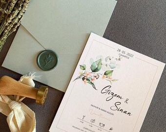 Elegant Aqua Green Wedding Invitations: Handmade Seal, Colorful Floral print