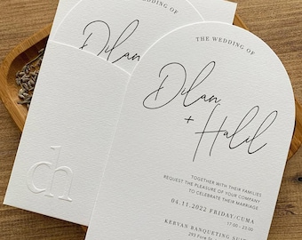 Embossed Cotton Textured Wedding Invitation: Custom Oval Cut Card