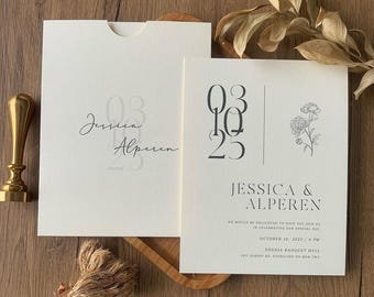 Custom Cream Wedding Invitation Set: Black Print, Textured Envelope