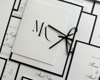 Embossed Wedding Invitation Set – Personalized Initials & Black Ribbon