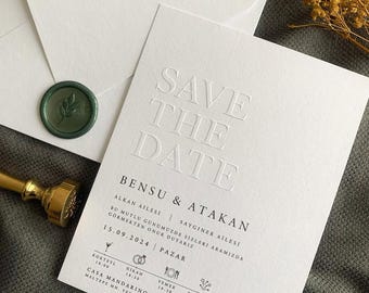 Embossed White Wedding Invitation: Personalized Modern Design