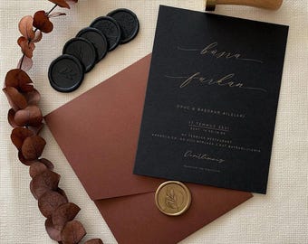 Luxury Brown Wedding Invitations: Black Card with Handmade Wax Seal