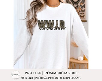 May include: White long-sleeve shirt with the text "WWJD. What Would Jesus Do?" in a camouflage pattern.
