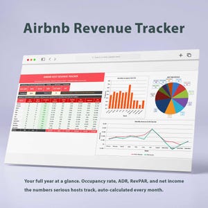 以下が含まれることがあります： 画面に表示されたデジタルAirbnb Revenue Trackerダッシュボード。月間パフォーマンスサマリー表、稼働率の棒グラフ、純収益の円グラフ、および月間収益と純利益の傾向を示す折れ線グラフが含まれています。