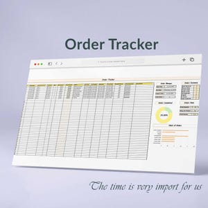 May include: A digital order tracker spreadsheet displayed in a browser window. The interface includes a main data table, an order manager section, an order summary table, a pie chart showing 25.00% completion, and a bar chart. Text reads Order Tracker.