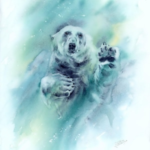 Polar bear &quot;Appearing from the frozen waters&quot;. Watercolor Giclée limited edition print, wall decoration, gift