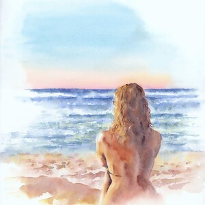 Lady on the beach &quot;Surrounded by beauty&quot;. Watercolor Giclée limited edition print, wall decoration, gift, ocean, sea.