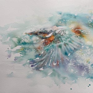 Dipinto ad acquerello originale "Volo sul fiume". Martin pescatore, arte degli uccelli, decorazione della casa, pittura della fauna selvatica